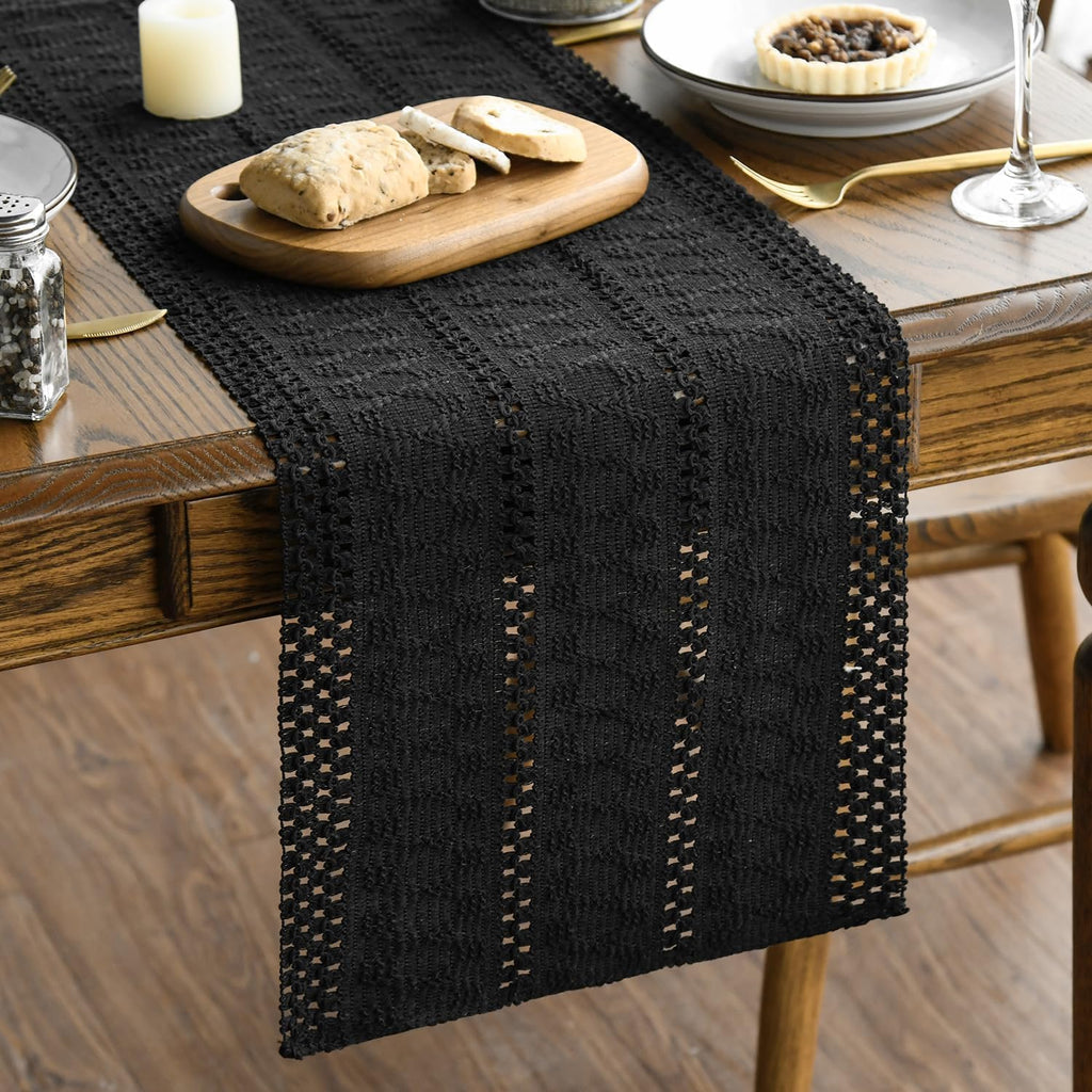 Artoid Woven Farmhouse Hollow Table Runner - Black / 12" x 120", Table Runner view 1