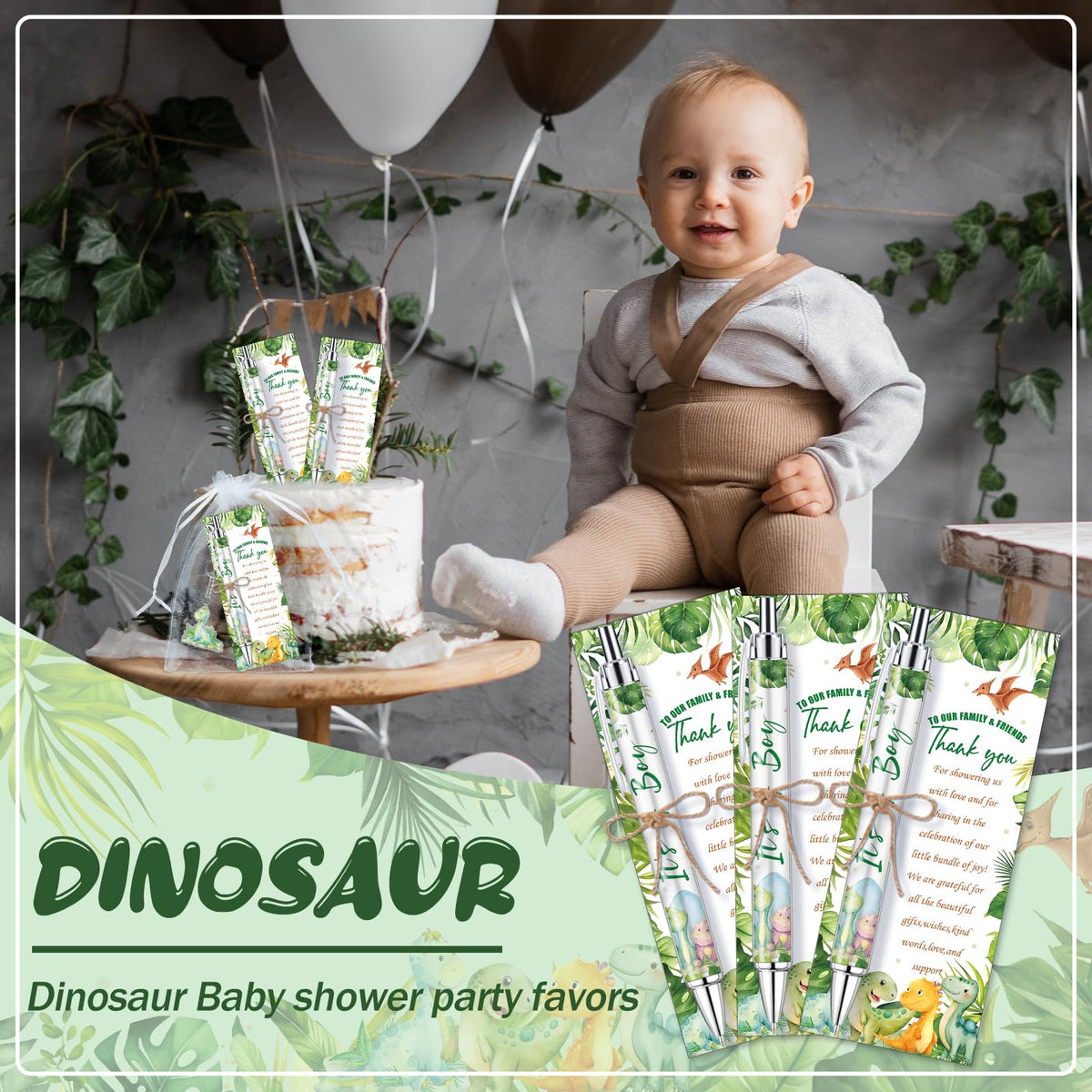 EYNDYN 145 Pieces Baby Shower Favors Ballpoint Pens and Keychains Gifts Bulk Retractable Pens Gender Reveal Cards Souvenirs - 36 / Dinosaur view 4