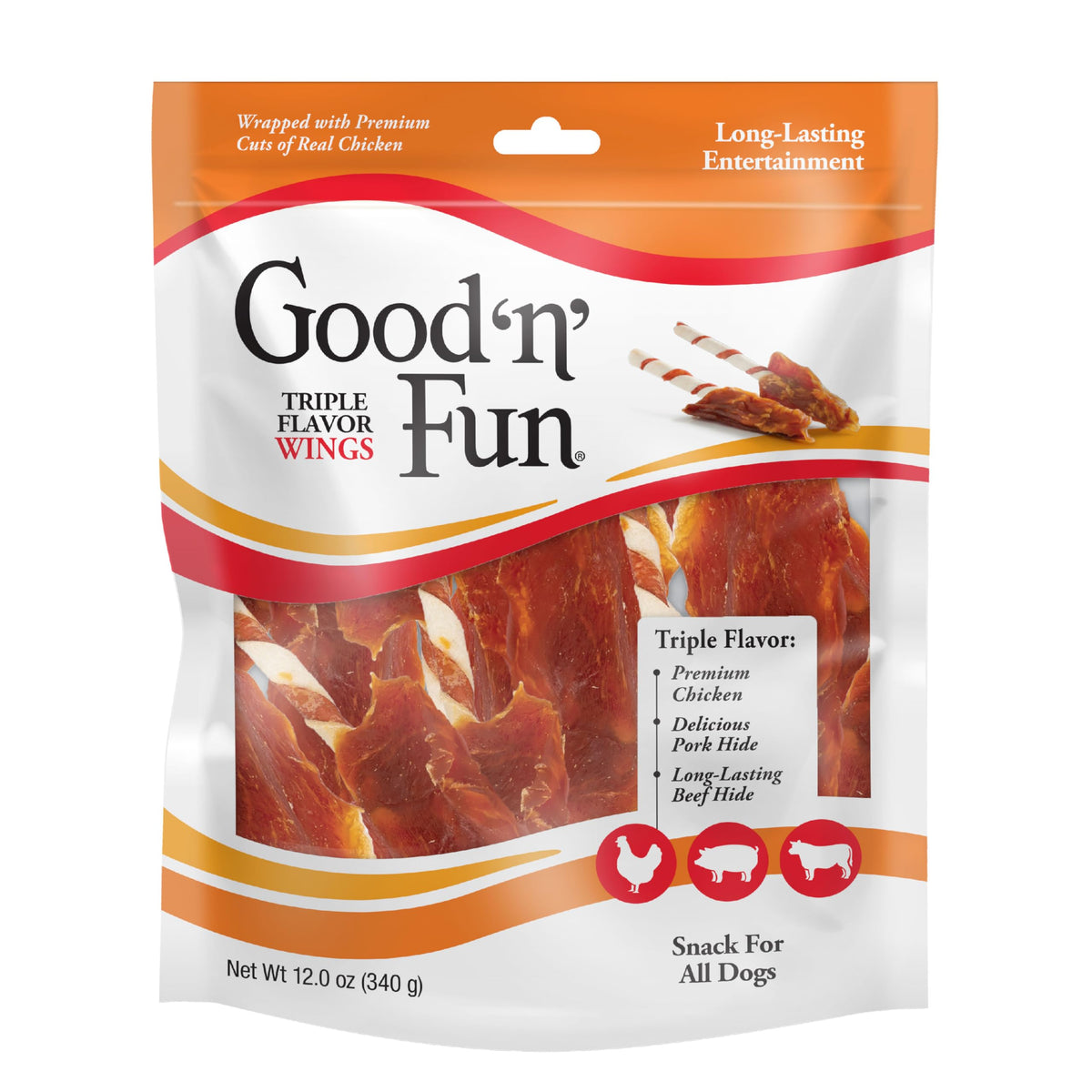 GOOD 'N' FUN Good ‘n’ Fun Triple Flavor Wings Chews for All Dogs, 12 Ounces, Treat Your Dog to Long-Lasting Chews Made (Pack of 12)