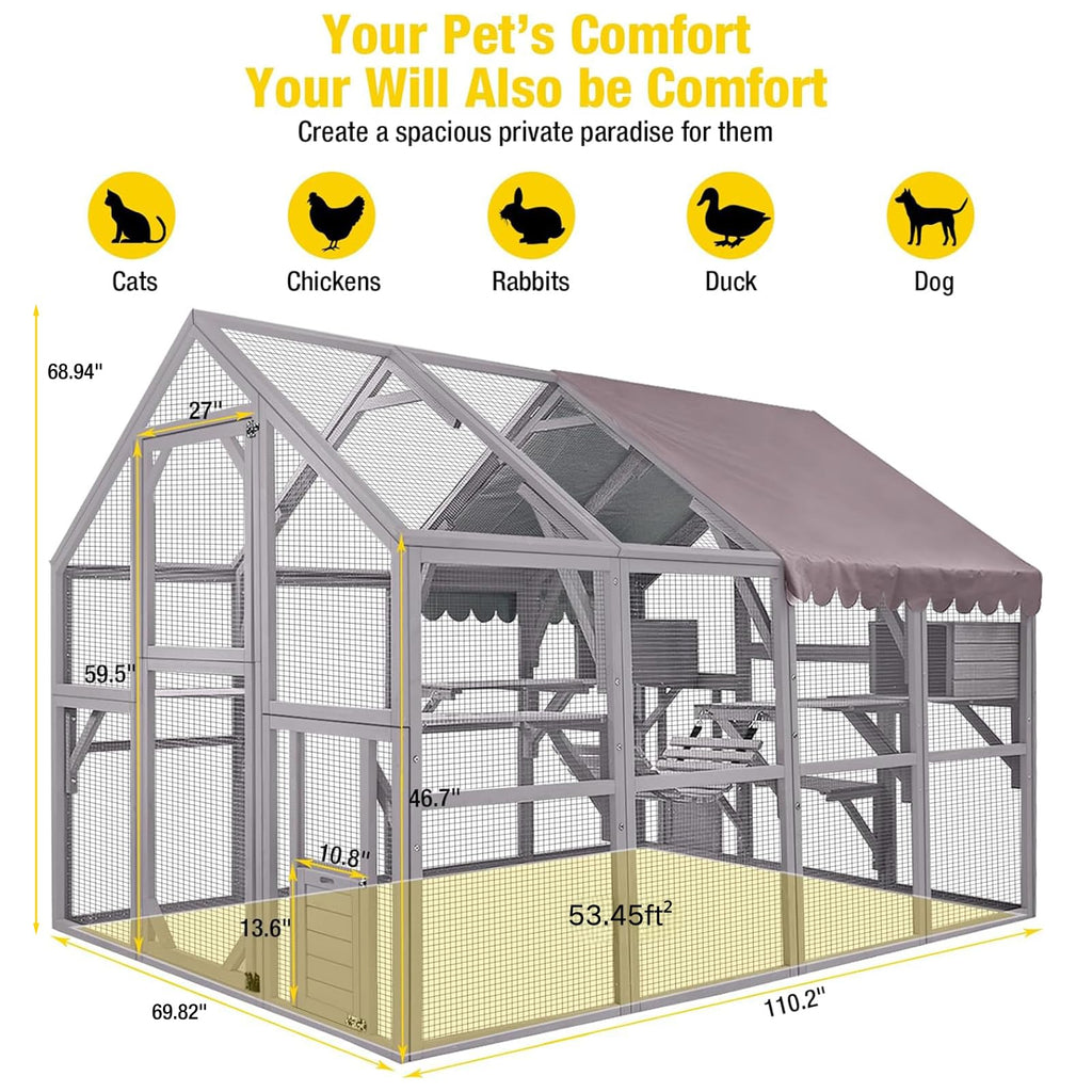 Aivituvin Catio for Multiple Cats, Large 56.54ft² Outdoor Enclosure, Weatherproof w/ 2 Bridges, 7 Trails, 2 Houses, –
