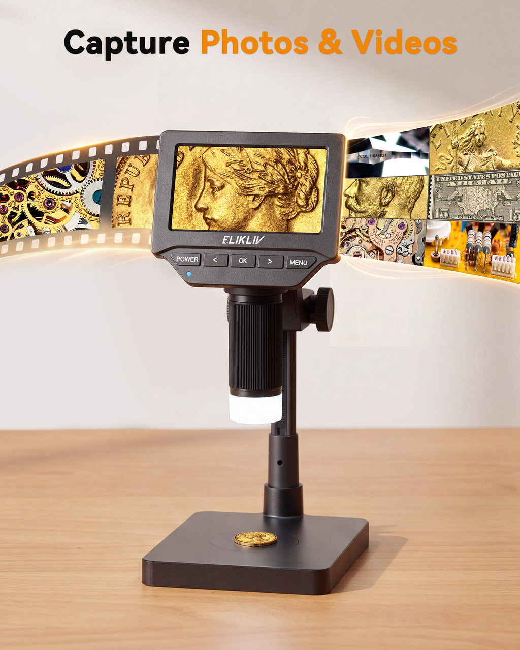 Elikliv Microscope, 4.3'' Digital Coin Magnifier with Lights for Adults (EDM4S)