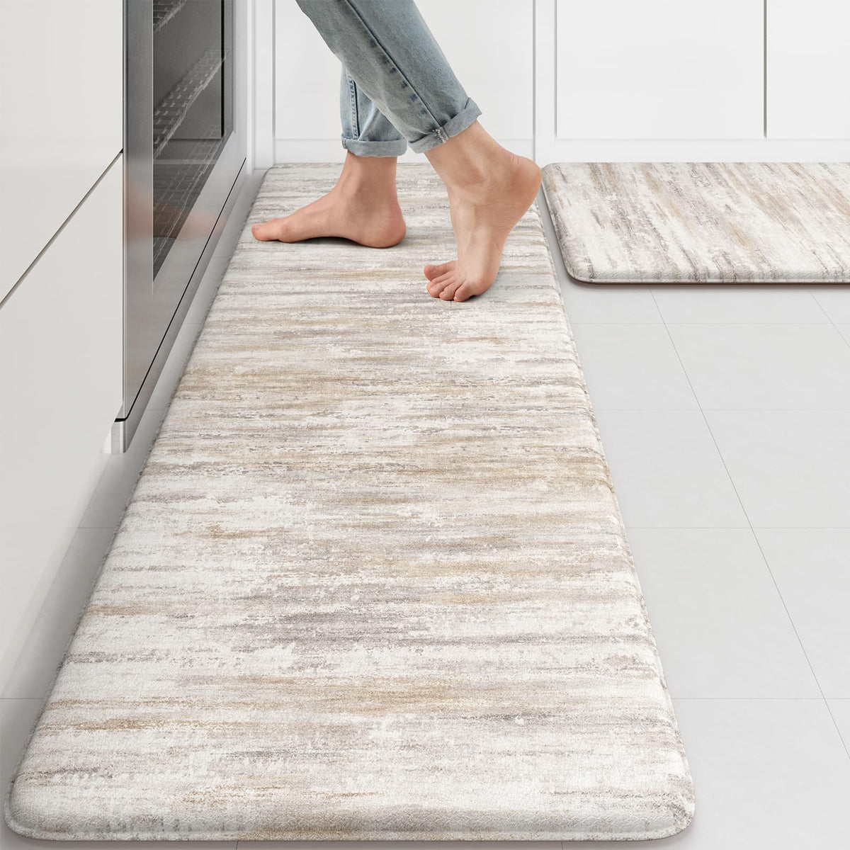 KIMODE Anti Fatigue Kitchen Mat, Abstract Farmhouse Kitchen Rugs Sets of 2 - Light Brown/Multi / 17.3" x 47"+17.3" x 29"--0.47 inches