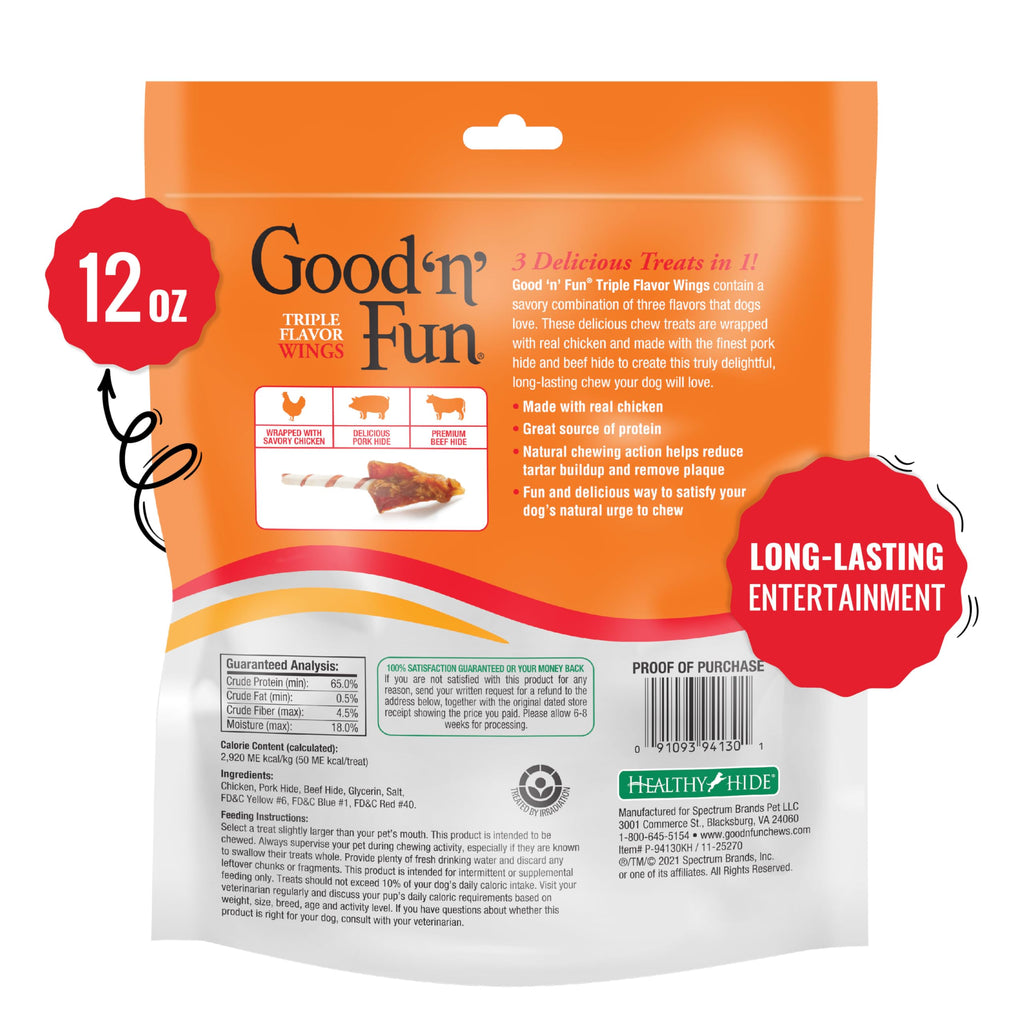 GOOD 'N' FUN Good ‘n’ Fun Triple Flavor Wings Chews for All Dogs, 12 Ounces, Treat Your Dog to Long-Lasting Chews Made (Pack of 12)