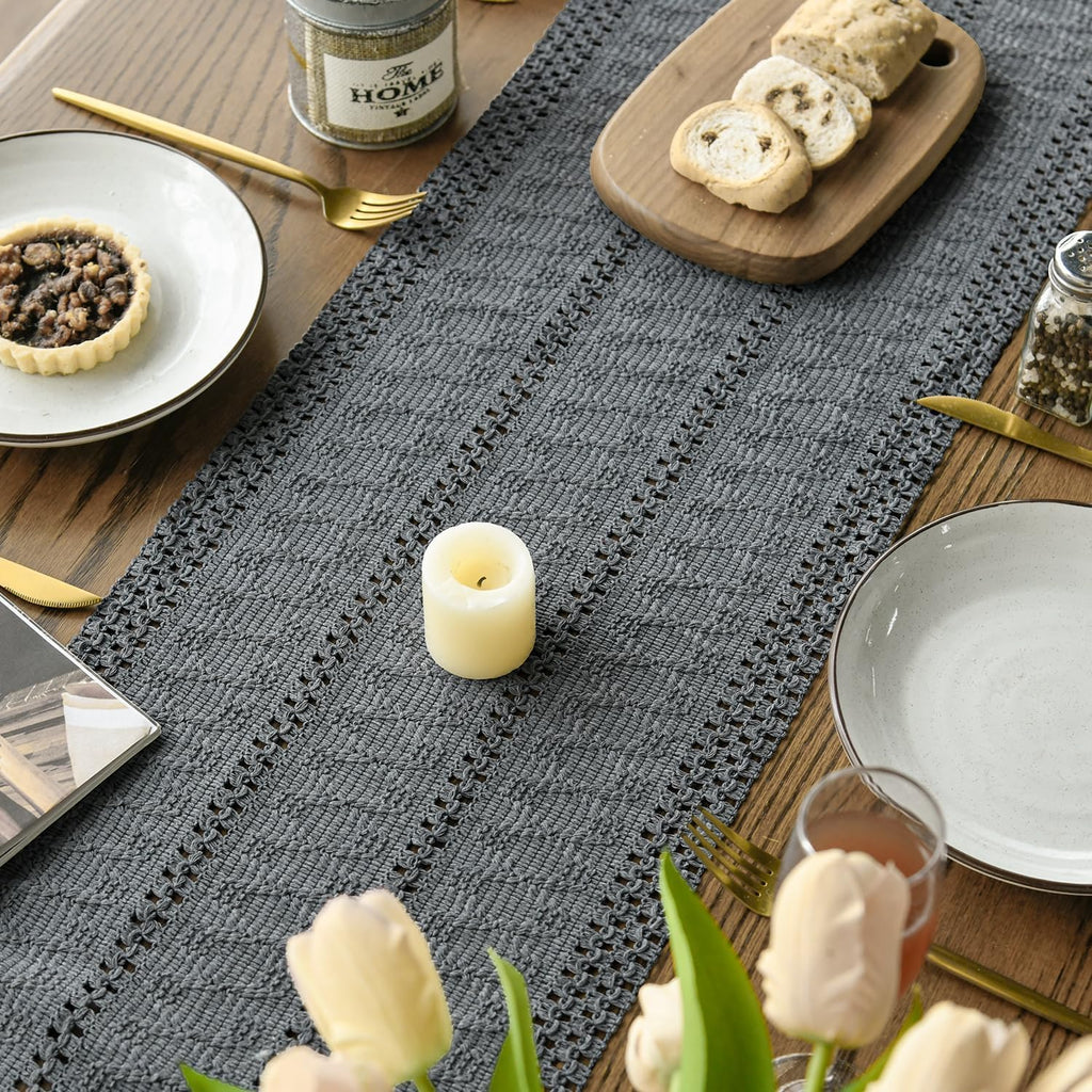 Artoid Woven Farmhouse Hollow Table Runner - Dark Grey / 12" x 72", Table Runner view 4