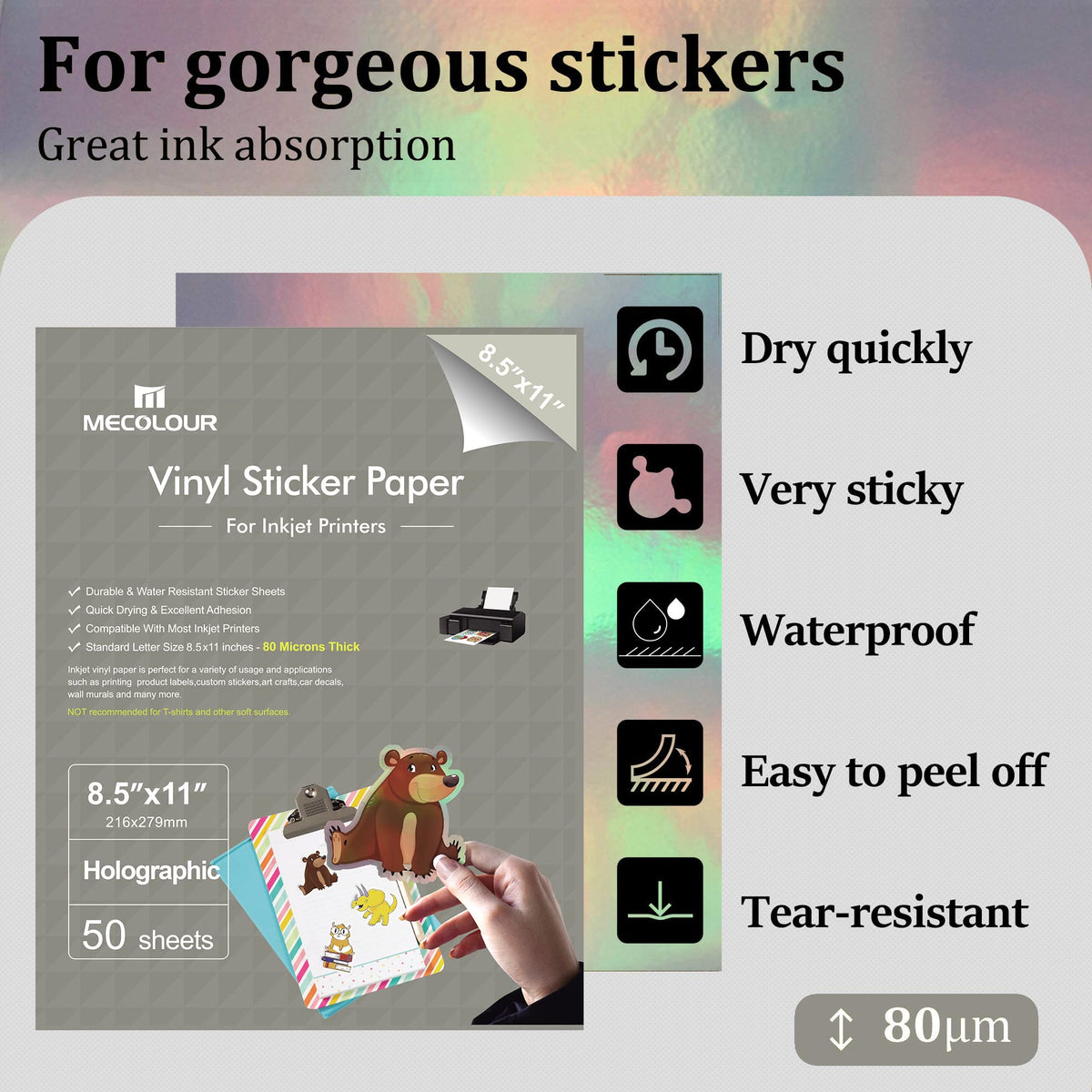 MECOLOUR Holographic Sticker Paper 8.5'' 11'' Printable Premium Rainbow Vinyl for Cricut - 50 view 1
