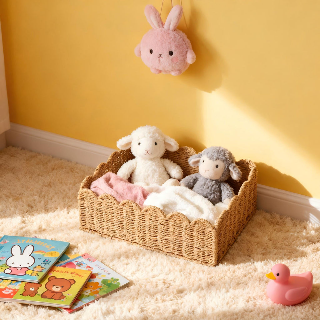 Scalloped Basket, Wicker Storage Baskets, Hand Woven Baskets for Shelves,Natural Baskets for Organizing - Light Brown / S+M view 7