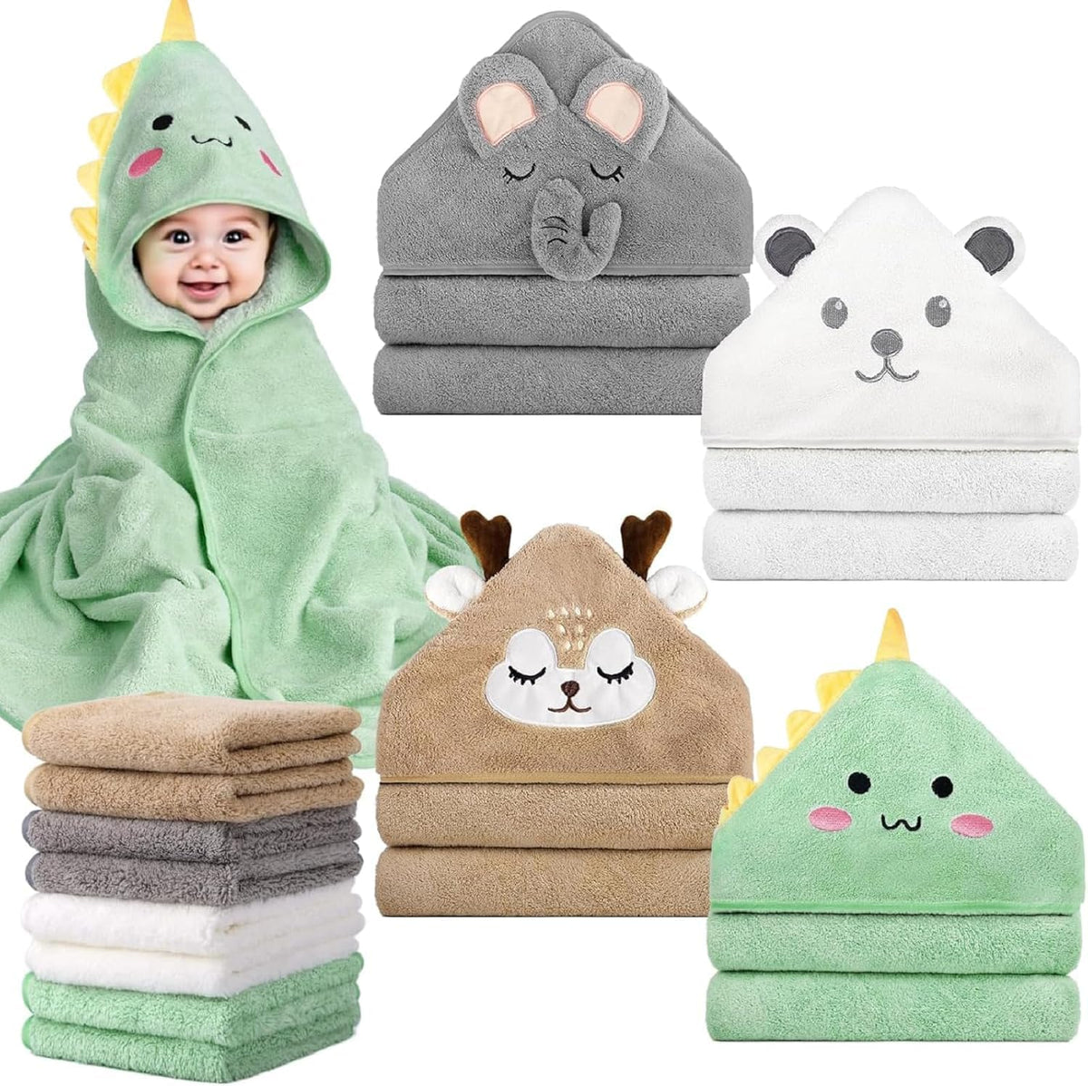 CandyHome 12 PCS Baby Bath Towels Set for Infants Toddlers Essentials - Green, Grey, Brown, White - 12pcs