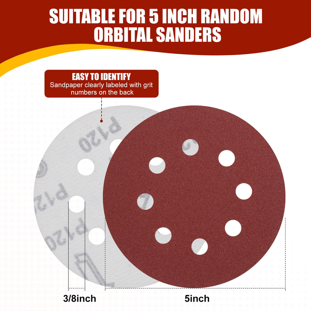 YNZDRWA 70 PCS 5 Inch 8-Hole Sanding Discs, 9 Mixed Grits (YN004) (Pack of 70)