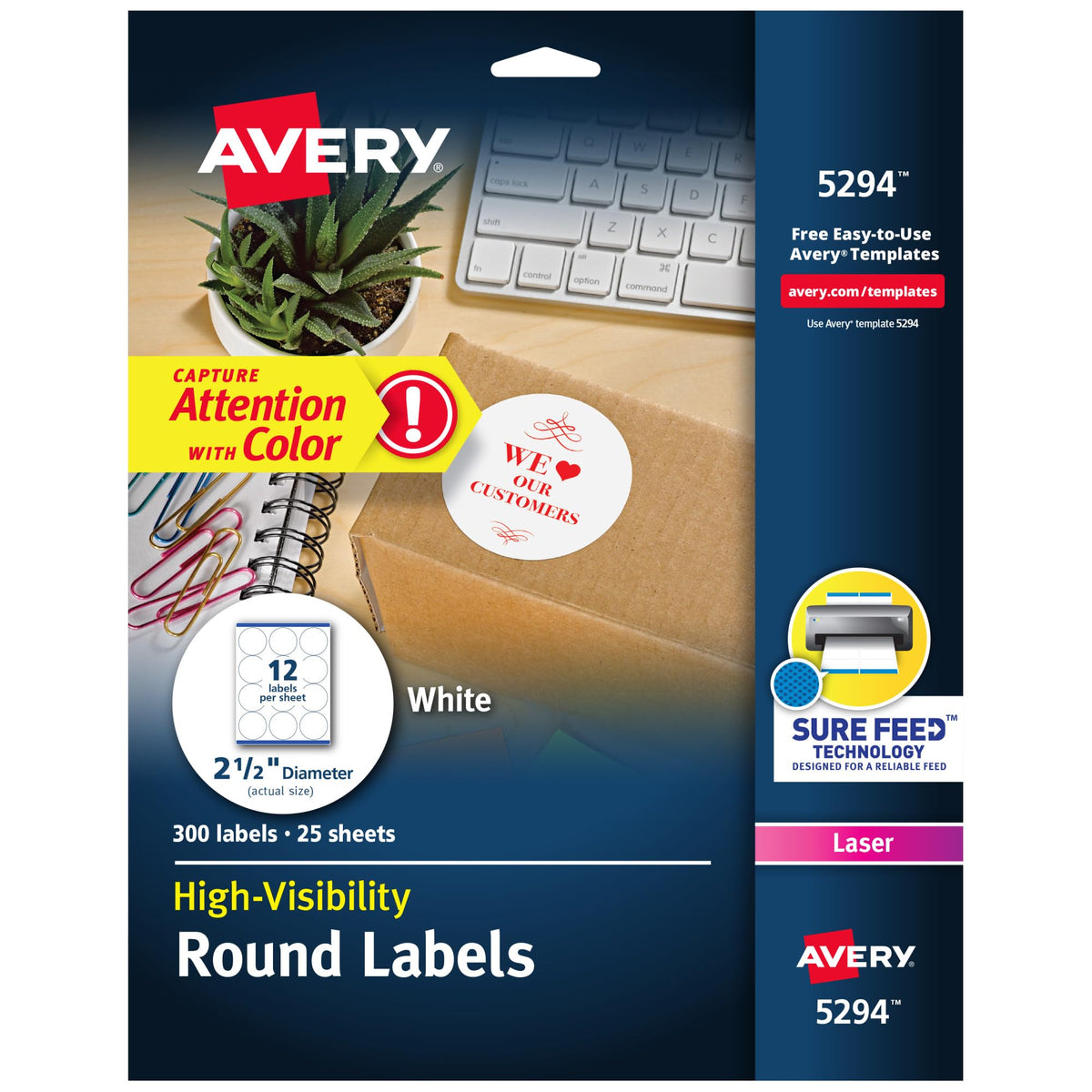 Printable Round Labels, Sure Feed® Technology, 2.5" Diameter, White, Laser - 300 labels