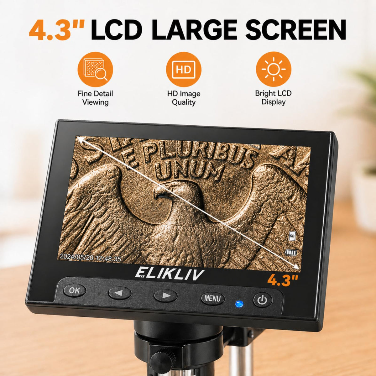 Elikliv Microscope, LCD Digital Coin Microscope 1000x, Coin Magnifier with 8 Adjustable LED Lights, PC View Compatible