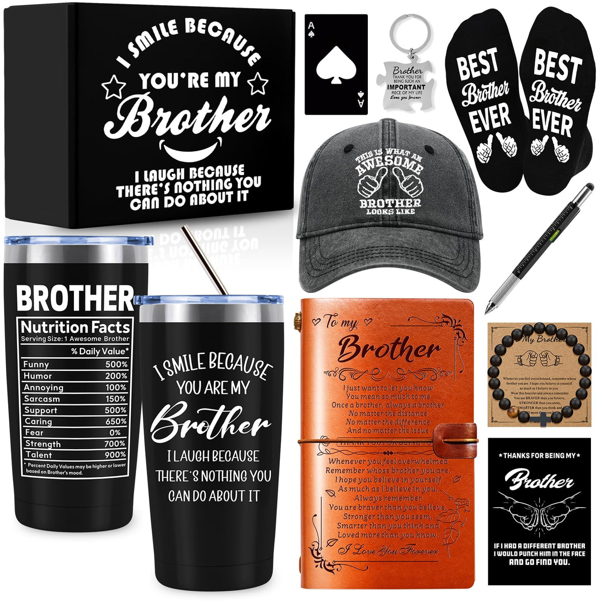 NVTROVI 10 PCS Brother Gifts from Sister with 20 Oz Tumbler Journal Cap Bracelet Socks