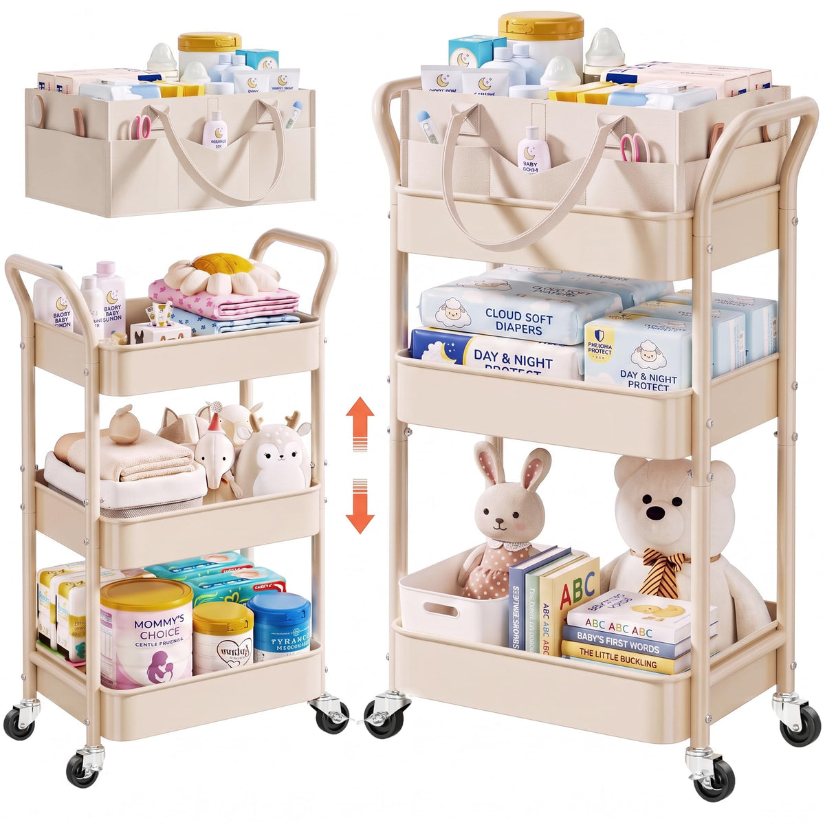 3 Tier Rolling Diaper Caddy Cart - Beige