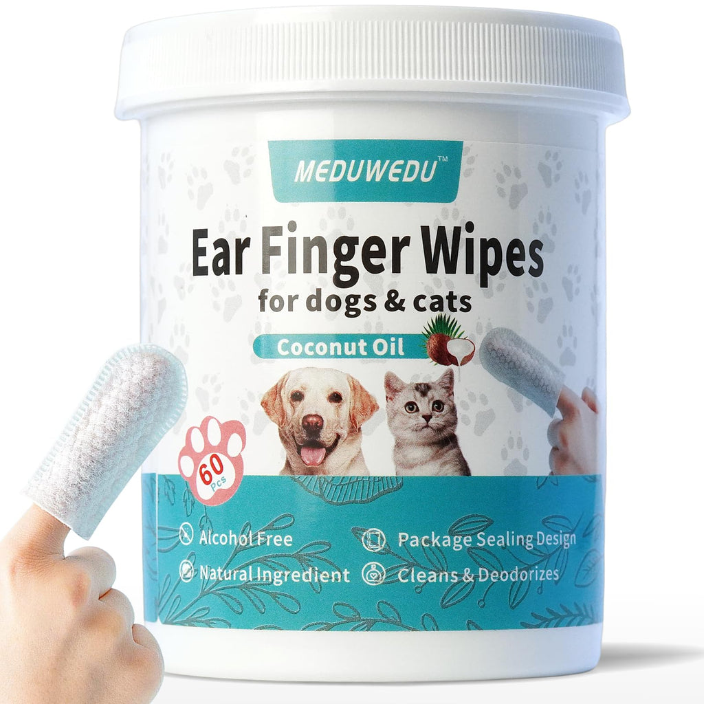 MEDUWEDU Ear Cleaner Finger Wipes 60 Counts, Dog Ear Cleaner, Grooming Kit Care for Dogs and Cats, Soft & Easy Otic