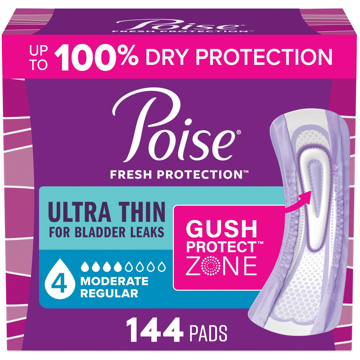 Poise Ultra Thin Incontinence Pads & Postpartum Pads for Bladder Leaks - 144.0 / Regular Length