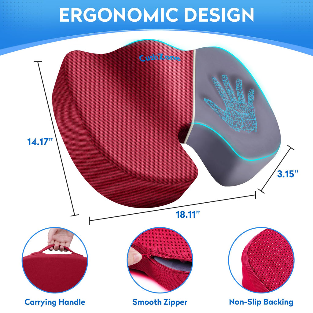 CushZone Memory Foam Seat Cushion for Office Hair, Car & Wheelchair, – Red (MPN-CZ0004-RE)