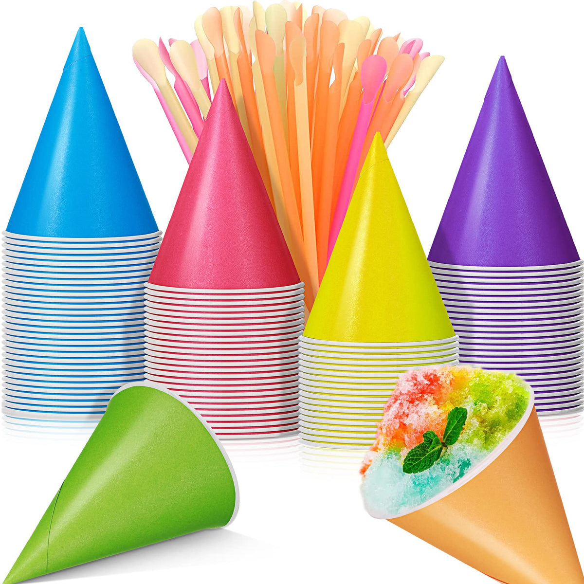 Boao 100 Pcs Snow Cone Cups Syrup Spoon Straws,Colorful,4.5 Oz