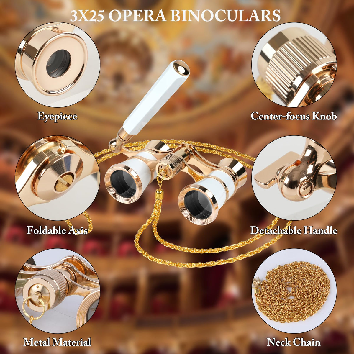 3X25 Opera Glasses with Neck Chain & Extendable Handle - White view 2