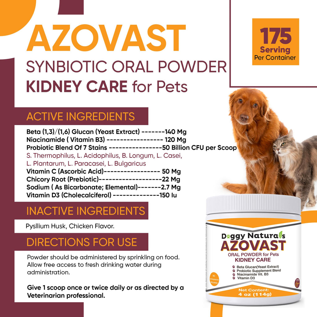 Pet Health Pharma Azovast Powder Kidney Restores & Kidney Powder for Dogs & Cats, (4 Oz) - (175 Scoop/Jar) NO