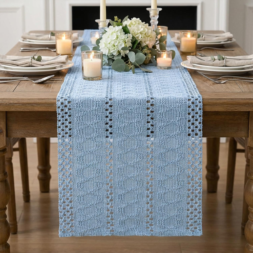 Artoid Woven Farmhouse Hollow Table Runner - Sky Blue / 12" x 48", Table Runner view 2