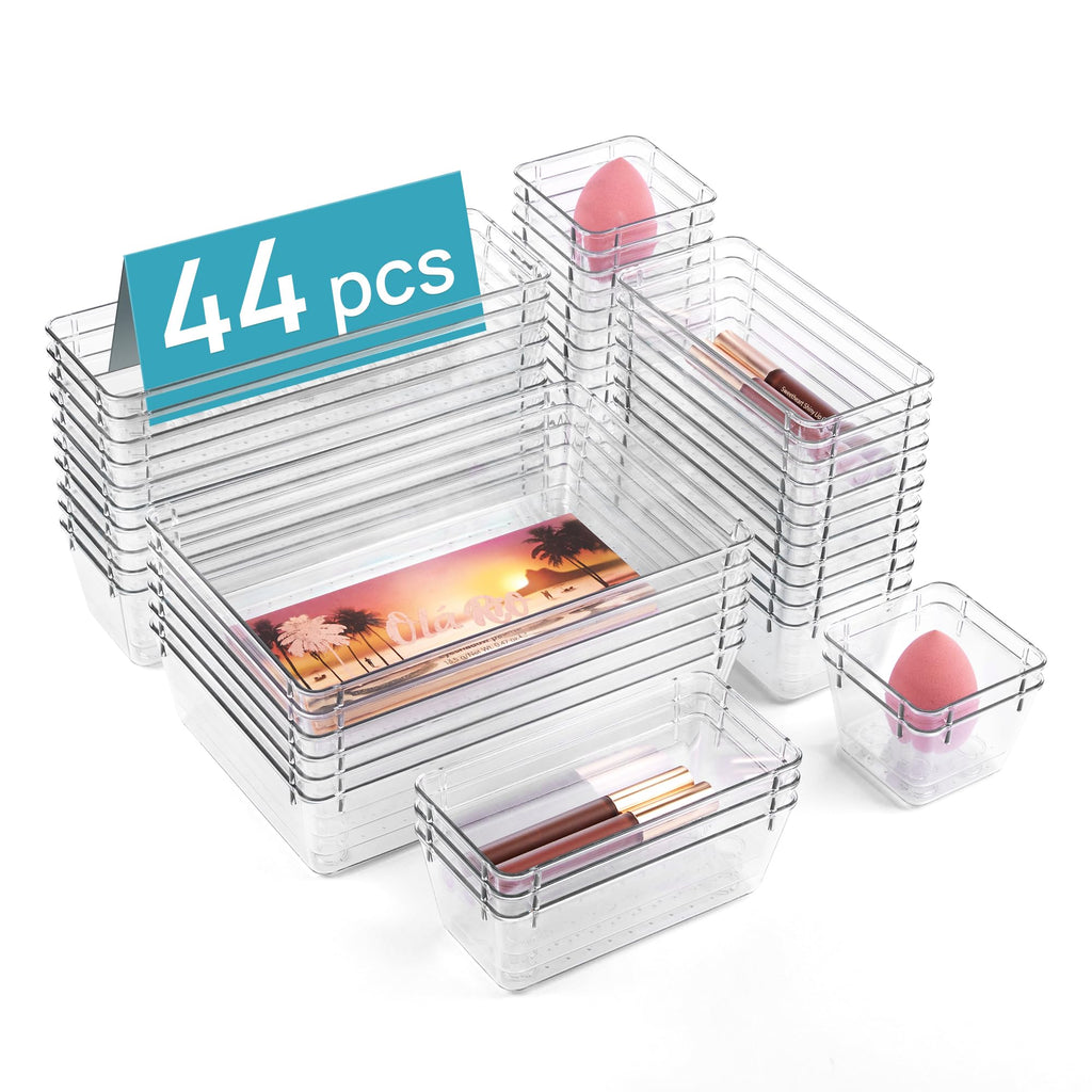 Vtopmart 44 PCS Plastic Drawer Organizers Set, 4-Size Versatile Bathroom and Vanity Organizer Trays, Non-Slip Storage (Pack of 44)