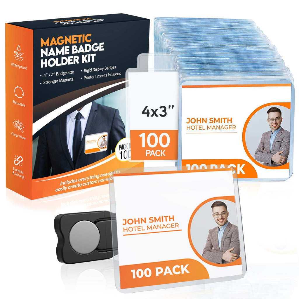 100 Pack of 4x3 Magnetic Name Badge Holders (White Printable Inserts Included)