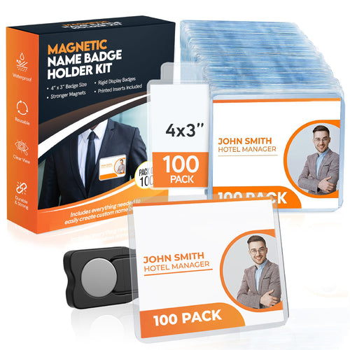 100 Pack of 4x3 Magnetic Name Badge Holders (White Printable Inserts Included)
