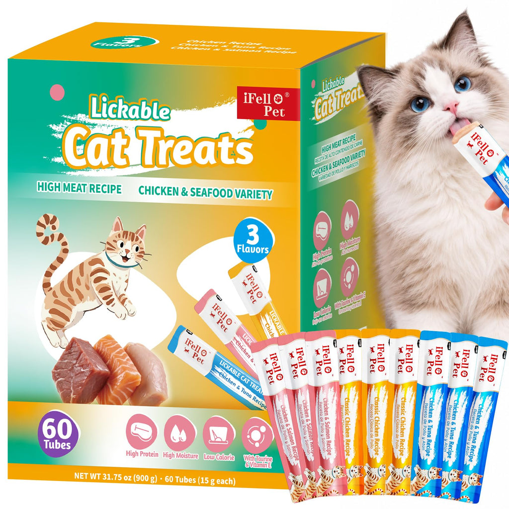 IFELLO PET High-Meat Lickable Cat Treats Variety Pack – Real Chicken & Seafood – Smooth