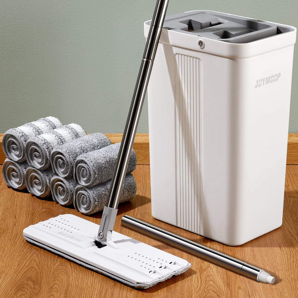 JOYMOOP Flat Mop System, Microfiber Mop and Bucket Set, White, Household & Commercial