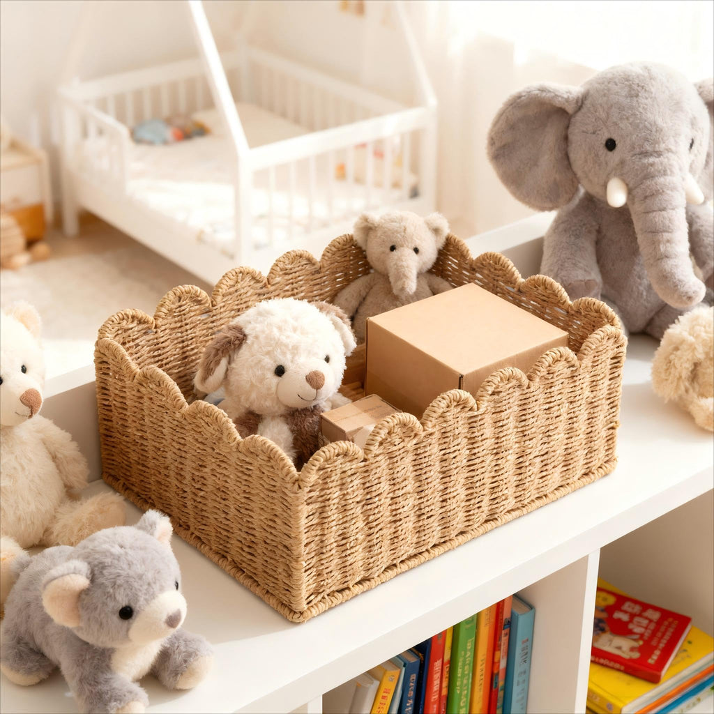 Scalloped Basket, Wicker Storage Baskets, Hand Woven Baskets for Shelves,Natural Baskets for Organizing - Light Brown / M view 1