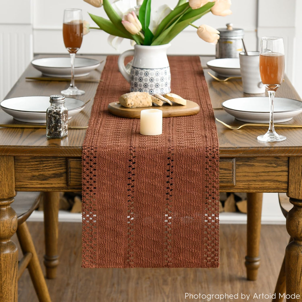 Artoid Woven Farmhouse Hollow Table Runner - Caramel / 12" x 60", Table Runner view 2