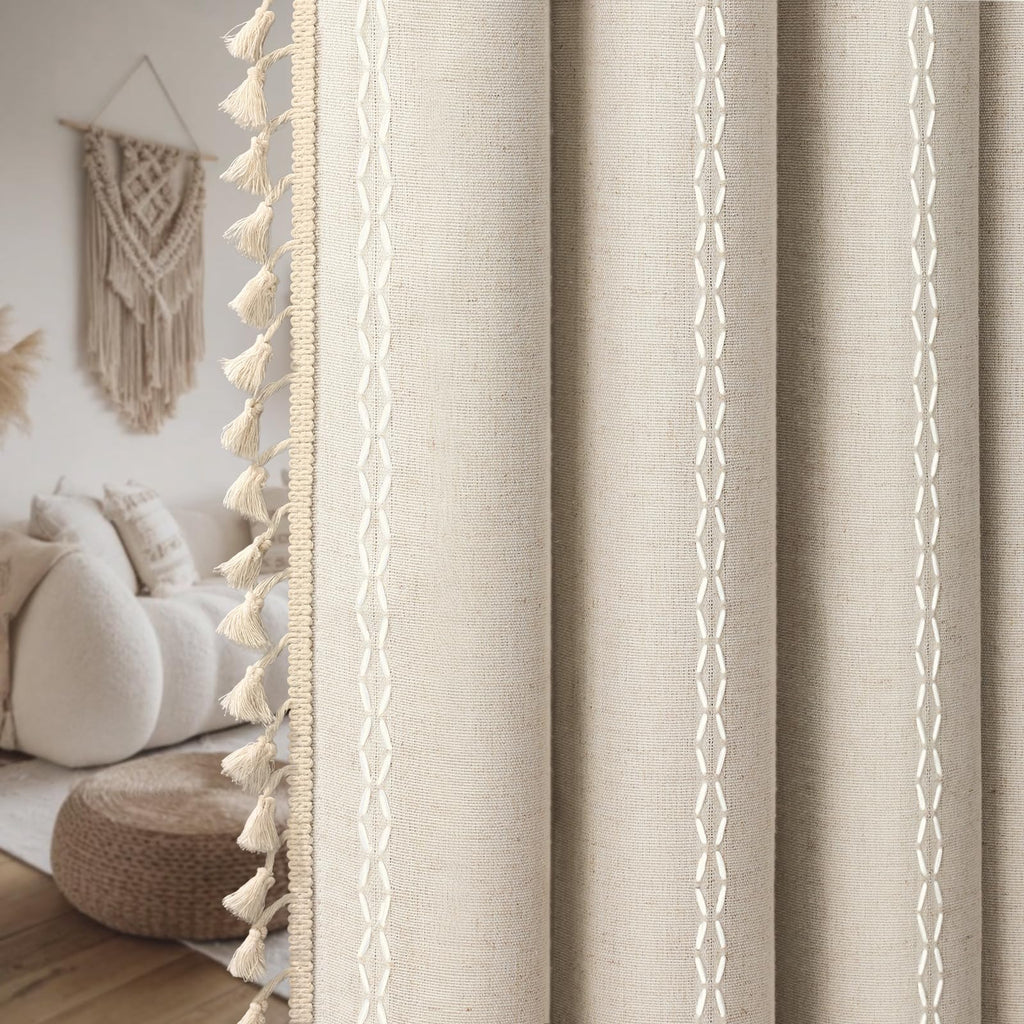 XOGUIBO Pinch Pleated Look Blackout Curtains 84 Inch Length, 2 Panels Linen Textured Boho Neutral Drapes for Living (Pack of 2)