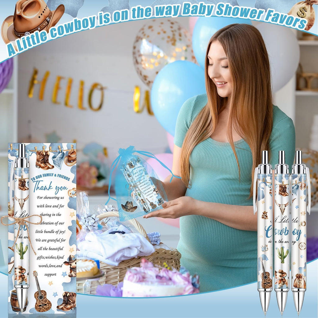 EYNDYN 145 Pieces Baby Shower Favors Ballpoint Pens and Keychains Gifts Bulk Retractable Pens Gender Reveal Cards Souvenirs - 36 / Cowboy view 4