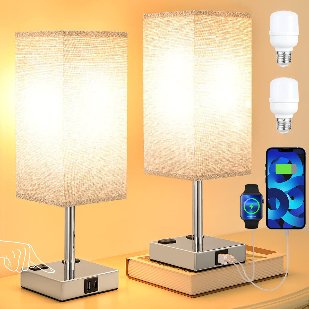 aooshine Set of 2 Touch Lamps with USB-C Port - Grey Shade-Silver Base