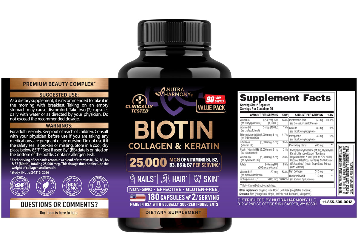NUTRAHARMONY Biotin, Collagen, Hyaluronic Acid & Keratin - Hair Growth Support, 180 Caps