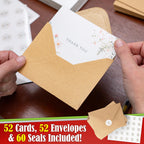 SPIRITDUST 52-pack Floral Thank You Cards Bulk with Kraft Envelopes & Matching Stickers, 3.5x5 Inches, 6 Wildflower