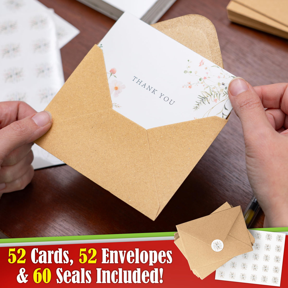 SPIRITDUST 52-pack Floral Thank You Cards Bulk with Kraft Envelopes & Matching Stickers, 3.5x5 Inches, 6 Wildflower