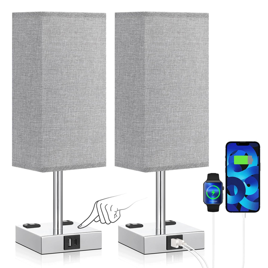aooshine Set of 2 Touch Lamps with USB-C Port - Grey Shade-Silver Base view 1