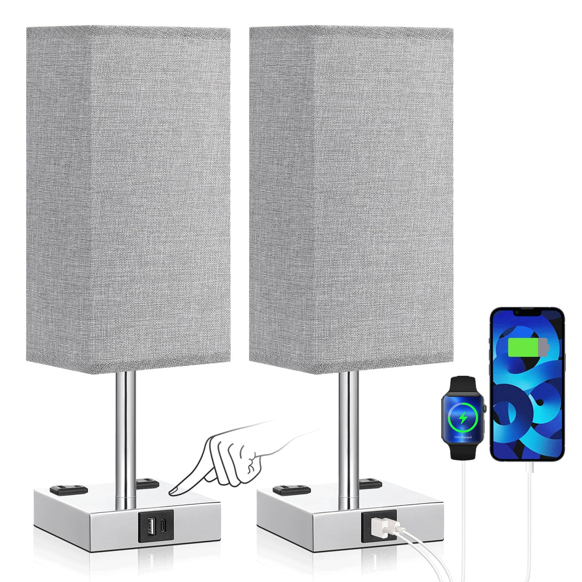 aooshine Set of 2 Touch Lamps with USB-C Port - Grey Shade-Silver Base view 1