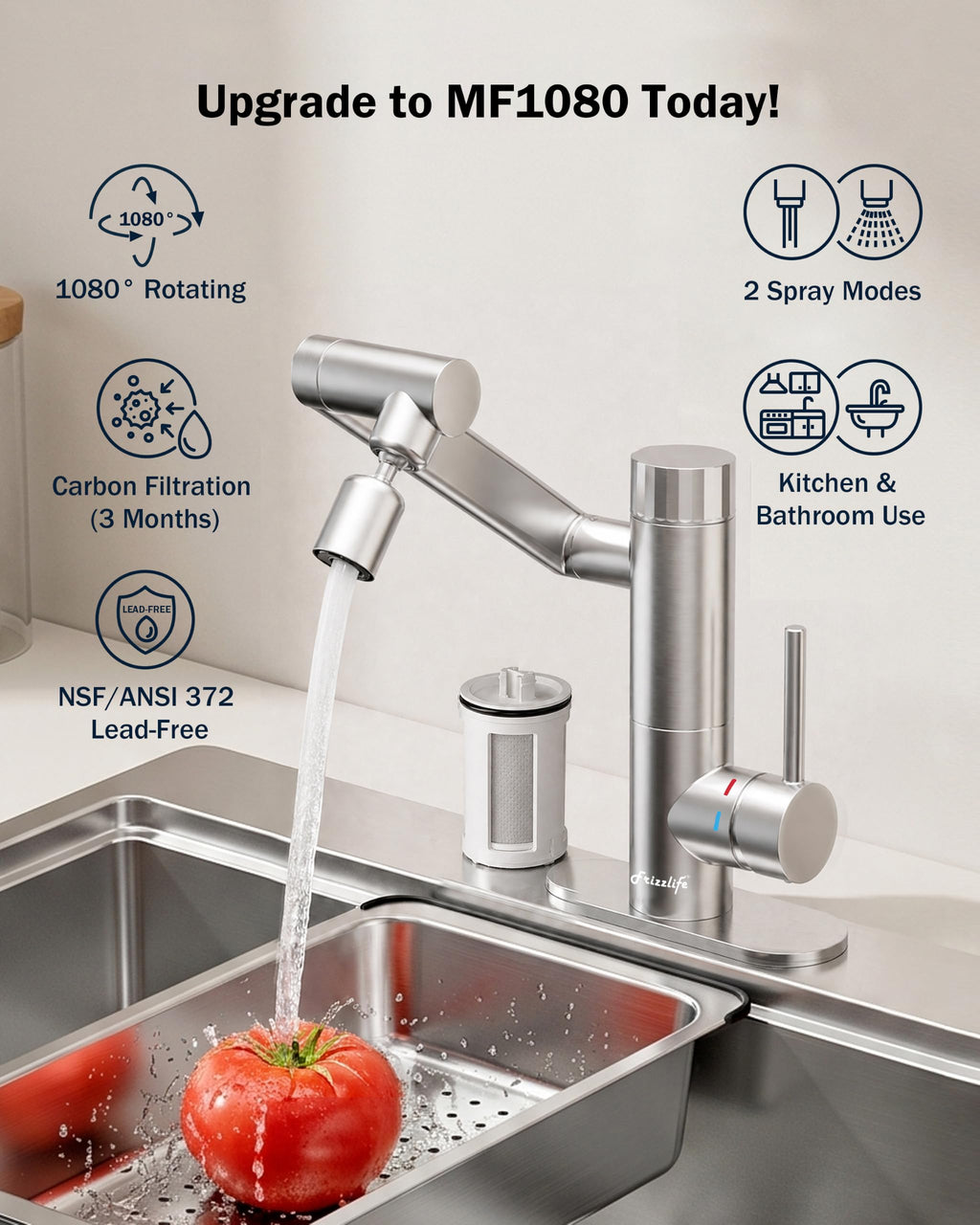 Frizzlife Water Filter for Sink Faucet Extender, NSF/ANSI 372, 9pcs Filter Reduce 99% Chlorine, 1080° Rotating Brass (Pack of 9)