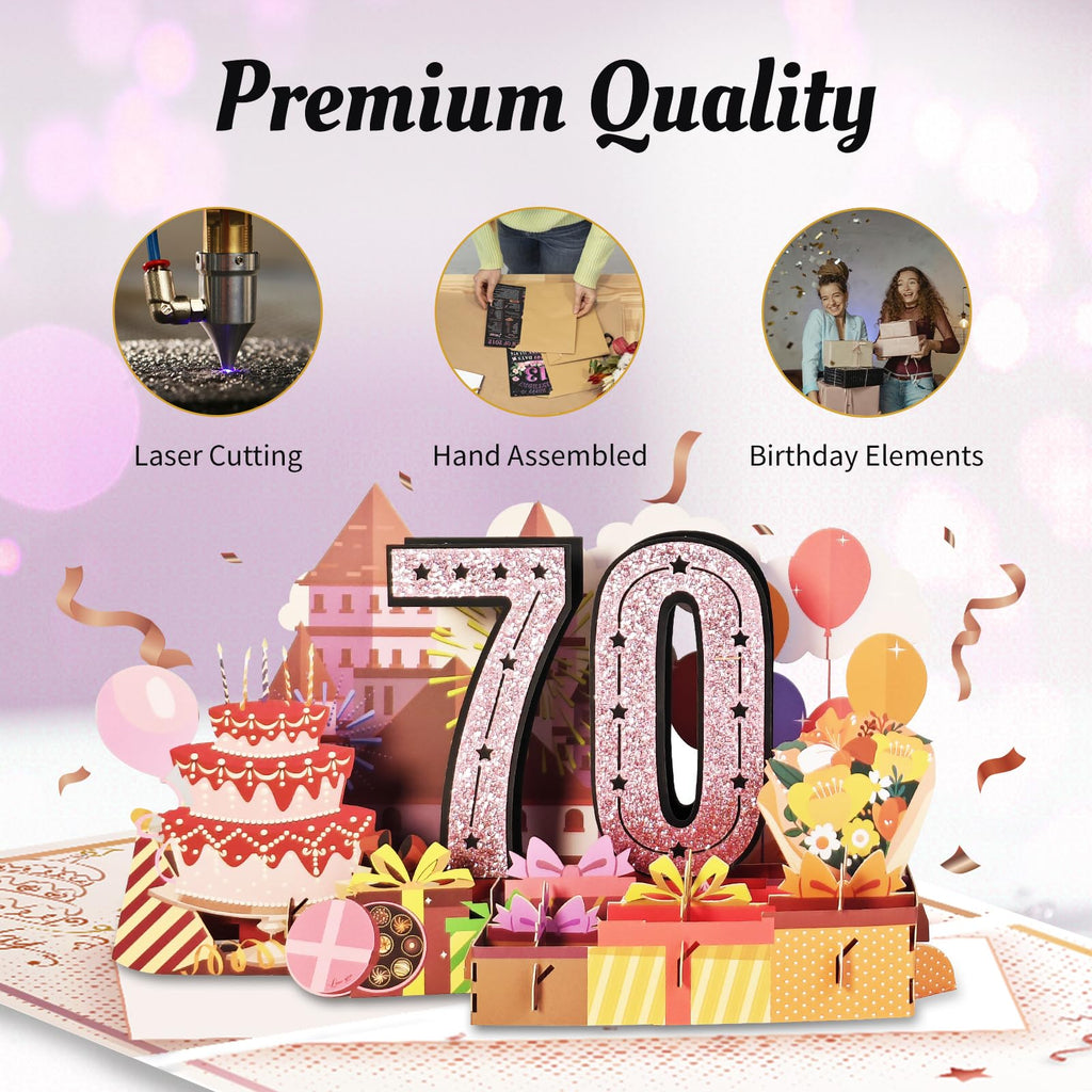 Aiunmiol 70th Birthday Card for Women Her, Large 3D Pop Up 70th Birthday cards for Mom Grandma, Happy 70 Year Old (Pack of 2)