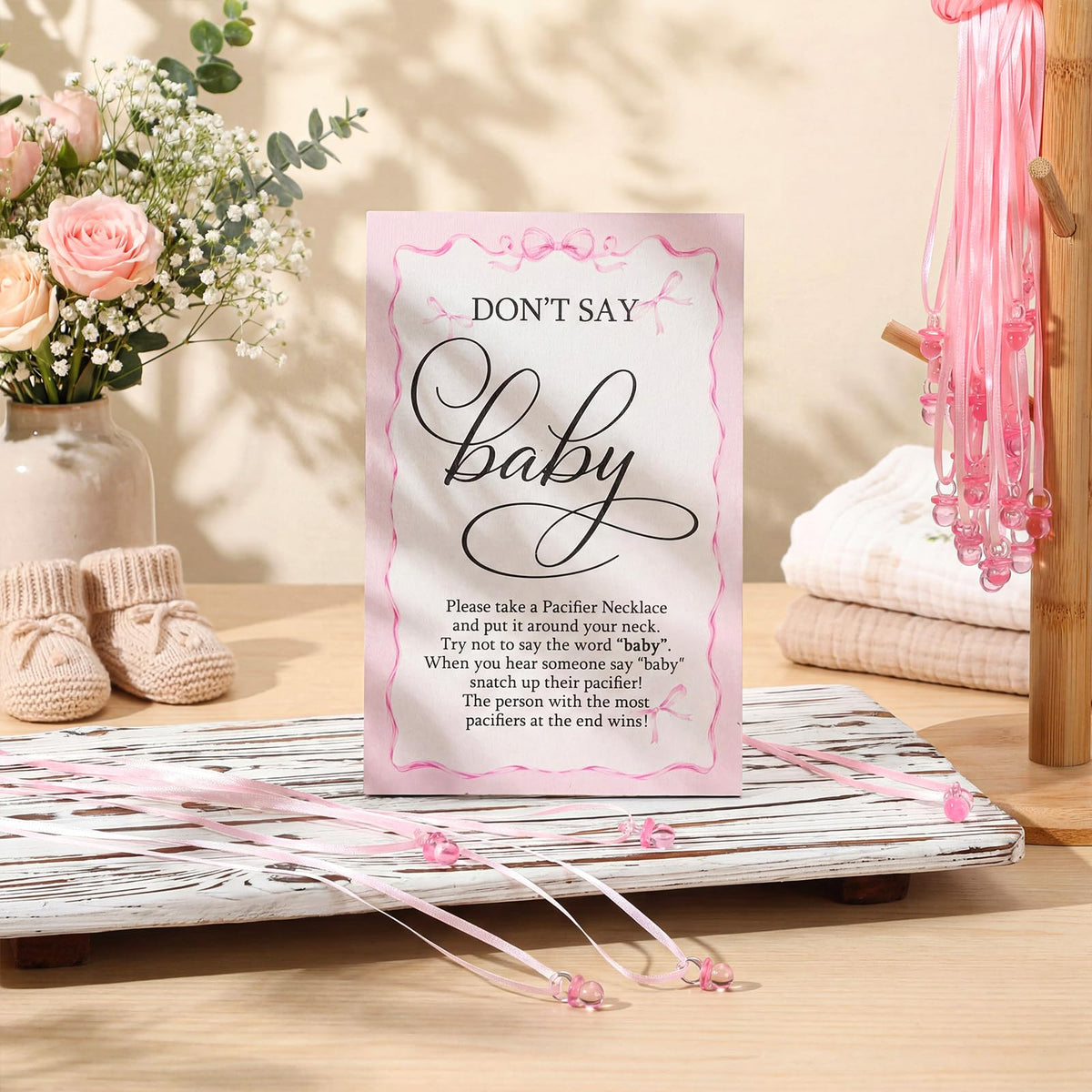 Geetery 51 Pcs Baby Shower Game Pacifier Necklace - Pink / Pink Bow view 3