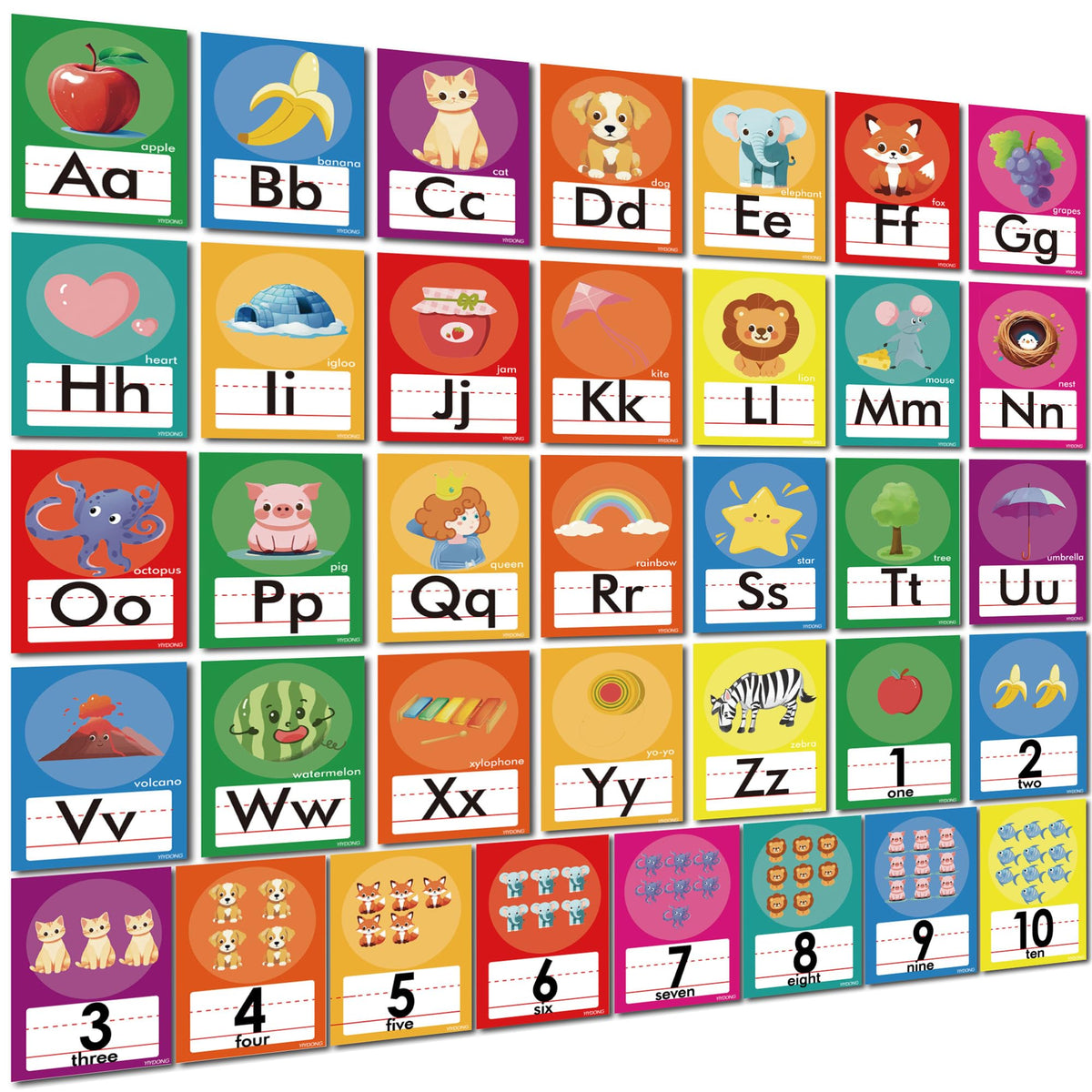 YIYDONG 36 Pieces Alphabet Number Posters Bulletin Board - Bright Colors