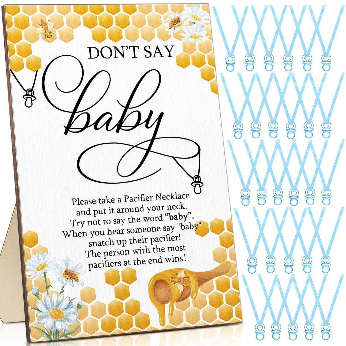 Geetery 51 Pcs Baby Shower Game Pacifier Necklace - Blue / Bee