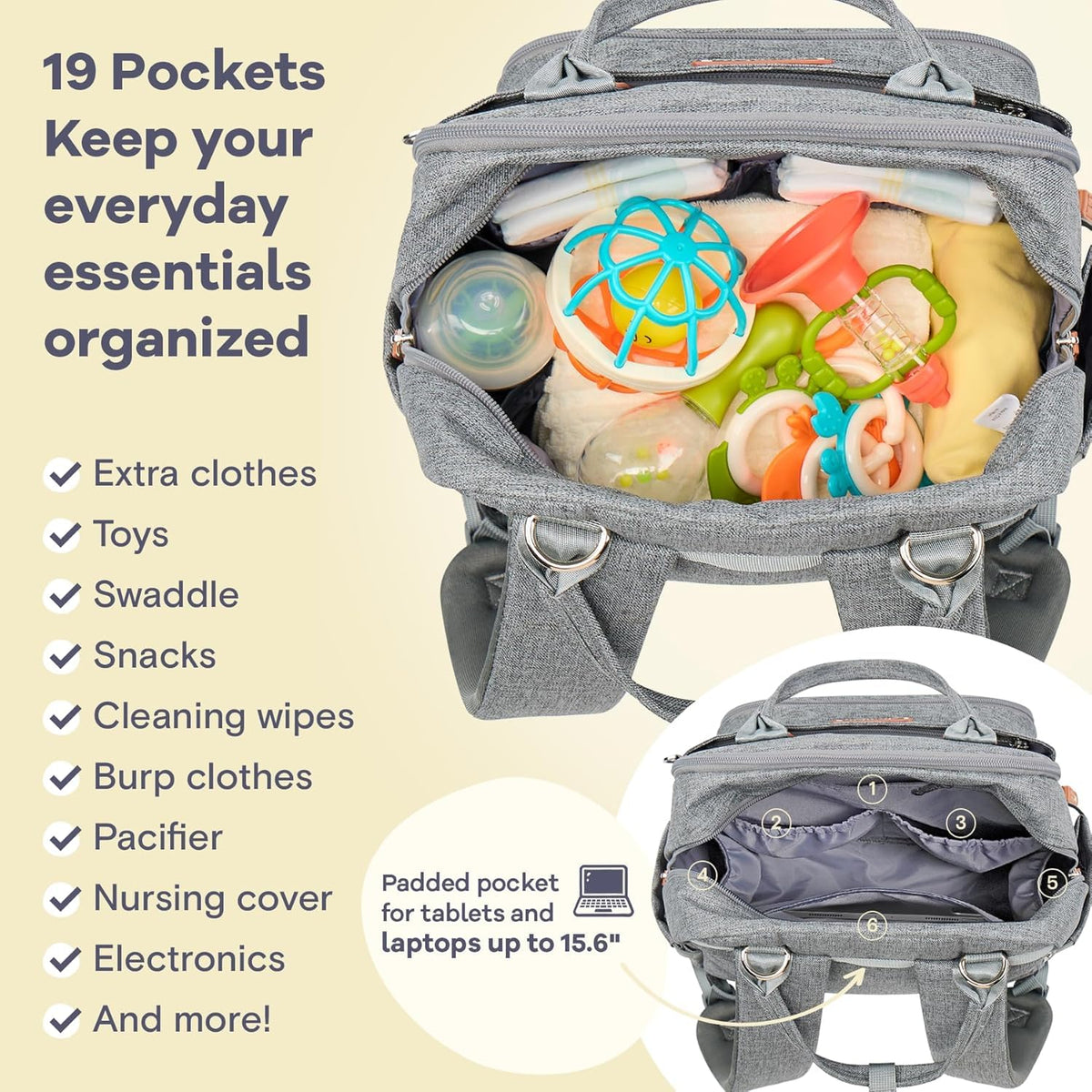 RUVALINO Baby Diaper Bag Backpack with Changing Pad, Waterproof, – XL Gray (YW168)