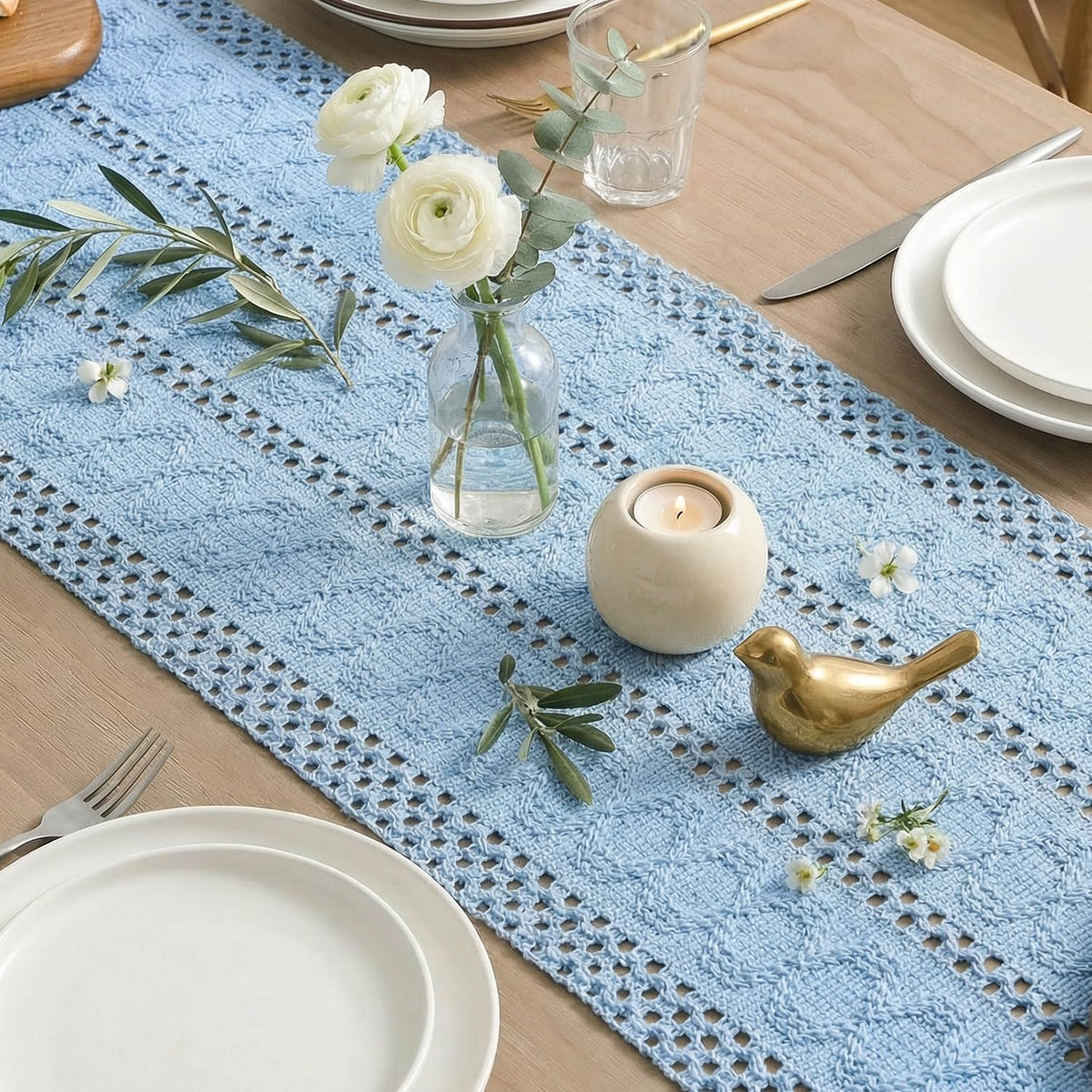 Artoid Woven Farmhouse Hollow Table Runner - Sky Blue / 12" x 48", Table Runner view 4