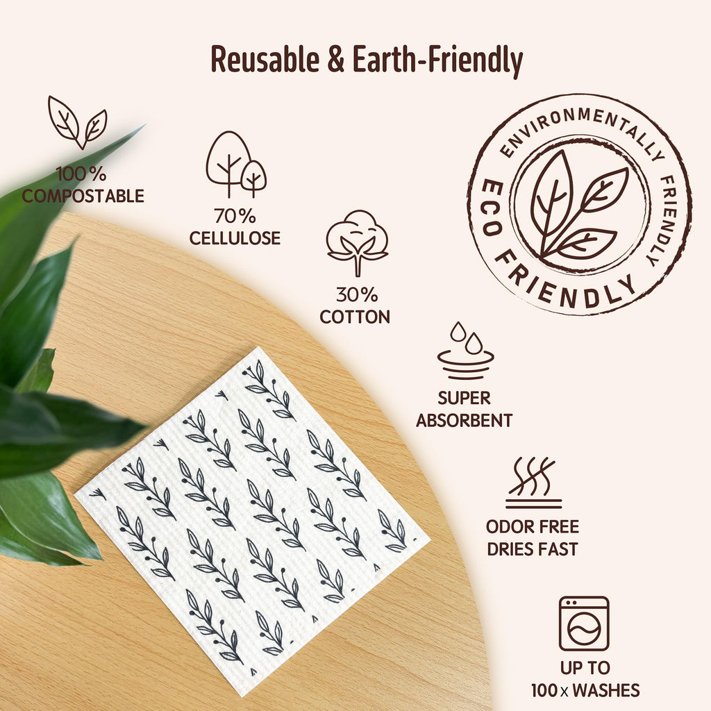 Augine Swedish Dishcloths for Kitchen, Reusable Paper Towel - 5 Count- Black and White view 2