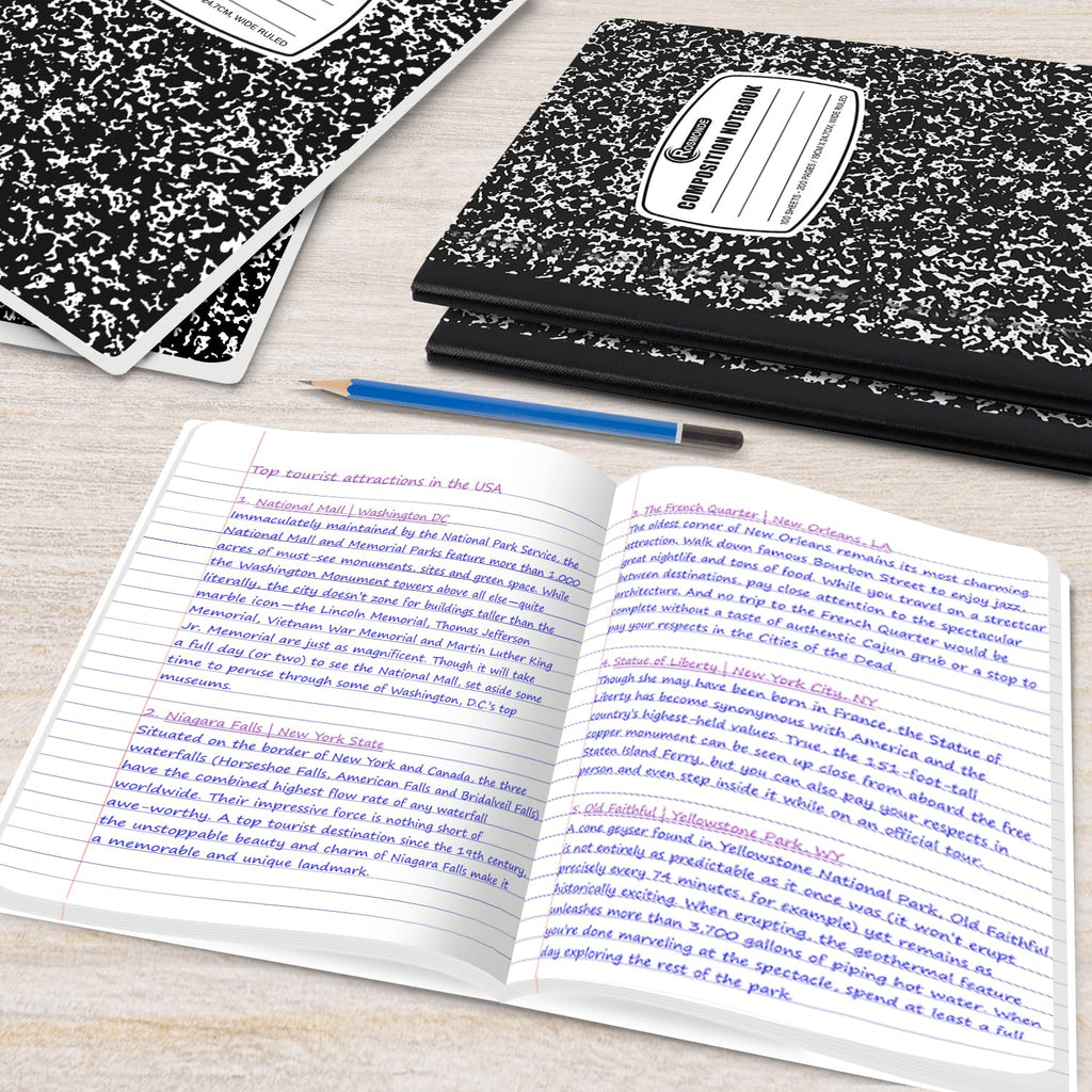 Rosmonde 2000 Pack Composition Notebooks Bulk, Wide Ruled, Black Marble