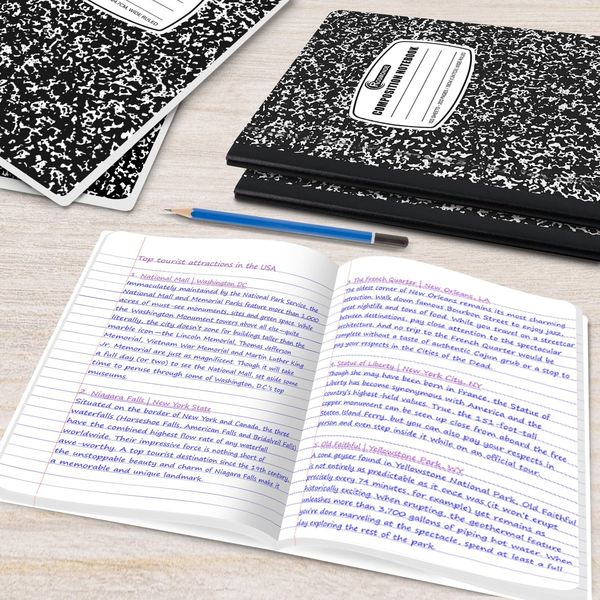 Rosmonde 2000 Pack Composition Notebooks Bulk, Wide Ruled, Black Marble