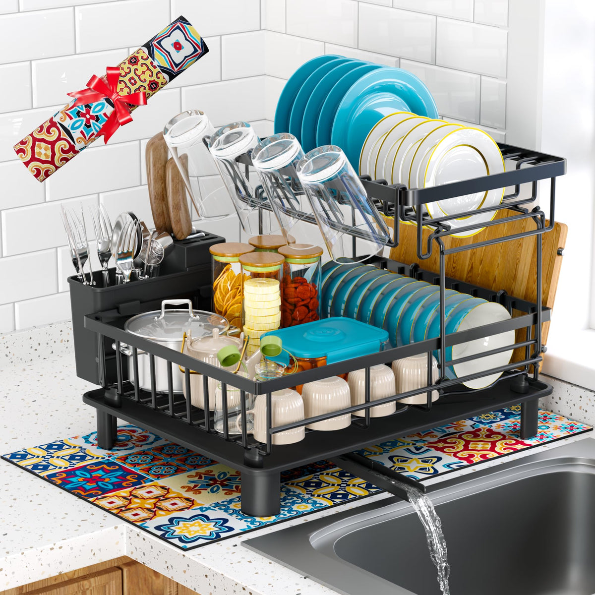 IMXSUMDA 2 Tier Large Detachable Dish Drying Rack for Kitchen - 2 Tier-black