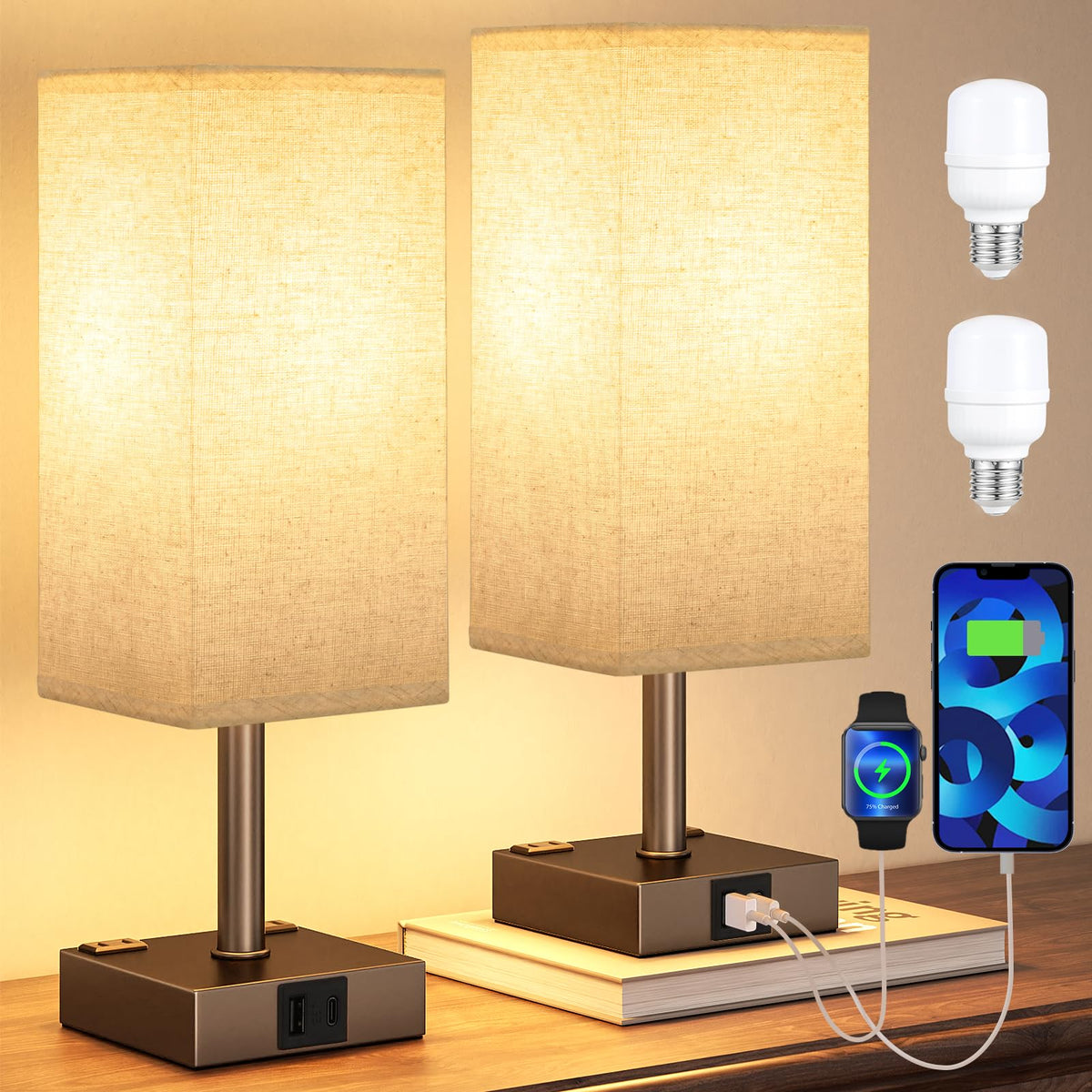 aooshine Set of 2 Touch Lamps with USB-C Port - Brown Shade-Brown Base view 1